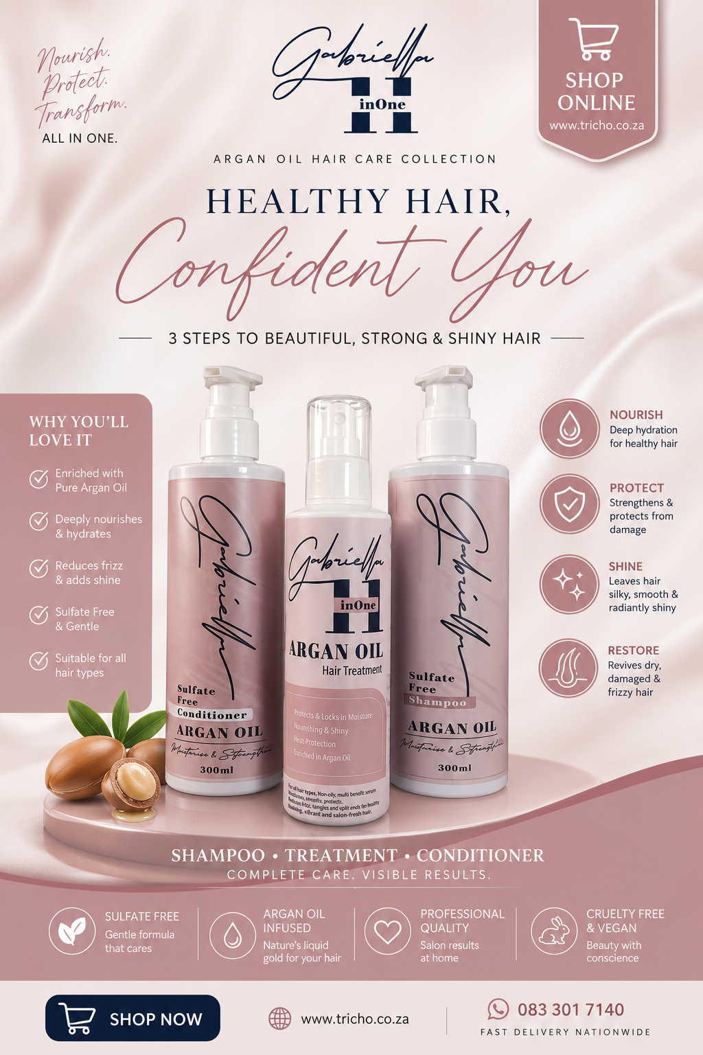 Gabriella Argan oil Sulfate Free Shampoo 500ml , Conditioner 500ml& 11 in one treatment 200ml